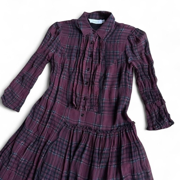 Coach burgundy red silk plaid dress with ruffles and button-up front Size: 0 - Picture 2 of 6